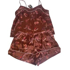 Midnight Bakery Western Print Pajama Set Cami & Shorts Cowgirl Boots Hats NWT